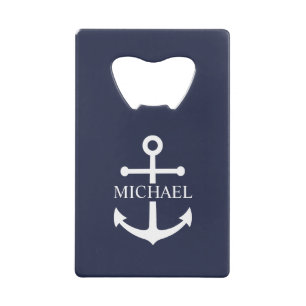 Nautical Navy Blue Anchor Gepersonaliseerde naam Creditkaart Flessenopener
