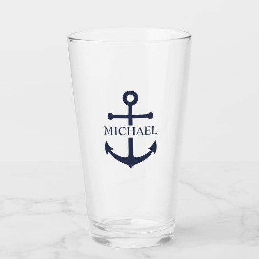 Nautical Navy Blue Anchor Gepersonaliseerde naam Glas (Voorkant)