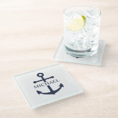 Nautical Navy Blue Anchor Gepersonaliseerde naam Glazen Onderzetter (Schuin)