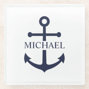 Nautical Navy Blue Anchor Gepersonaliseerde naam Glazen Onderzetter