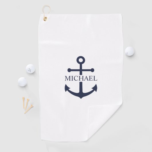 Nautical Navy Blue Anchor Gepersonaliseerde naam Golfhanddoek (Insitu)