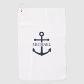 Nautical Navy Blue Anchor Gepersonaliseerde naam Golfhanddoek (Voorkant)