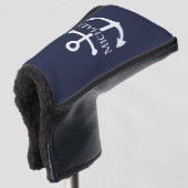 Nautical Navy Blue Anchor Gepersonaliseerde naam Golfheadcover (3/4 voorkant)