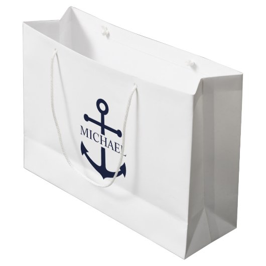 Nautical Navy Blue Anchor Gepersonaliseerde naam Groot Cadeauzakje (Voorkant Gekanteld)