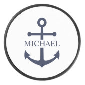 Nautical Navy Blue Anchor Gepersonaliseerde naam Hockey Puck (Voorkant)