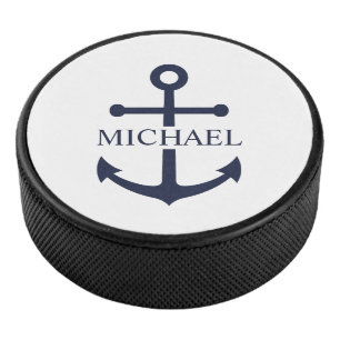 Nautical Navy Blue Anchor Gepersonaliseerde naam Hockey Puck