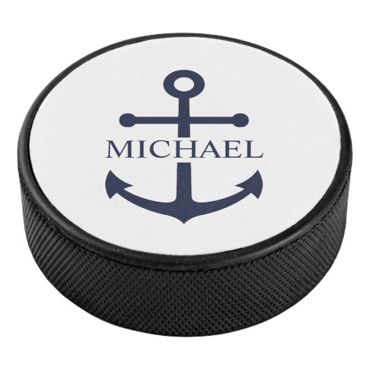 Nautical Navy Blue Anchor Gepersonaliseerde naam Hockey Puck (3/4)