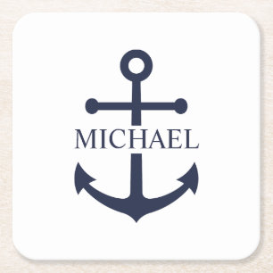Nautical Navy Blue Anchor Gepersonaliseerde naam Kartonnen Onderzetters