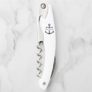 Nautical Navy Blue Anchor Gepersonaliseerde naam Kurkentrekker