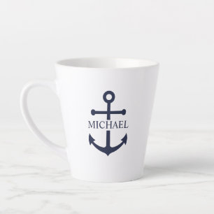 Nautical Navy Blue Anchor Gepersonaliseerde naam Latte Mok
