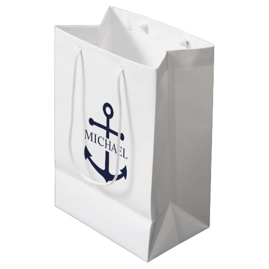 Nautical Navy Blue Anchor Gepersonaliseerde naam Medium Cadeauzakje (Voorkant Gekanteld)