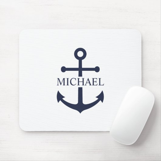 Nautical Navy Blue Anchor Gepersonaliseerde naam Muismat (Met muis)