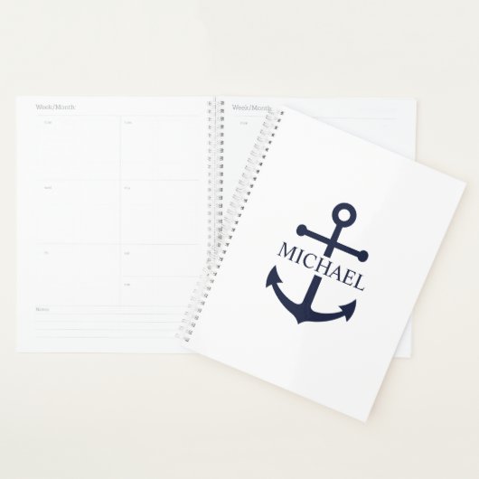 Nautical Navy Blue Anchor Gepersonaliseerde naam Planner (Display)