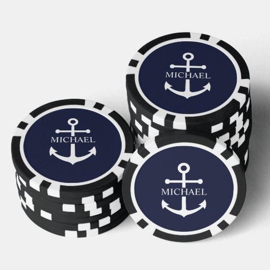Nautical Navy Blue Anchor Gepersonaliseerde naam Poker Chips (Opstapeling)