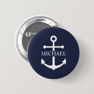 Nautical Navy Blue Anchor Gepersonaliseerde naam Ronde Button 5,7 Cm