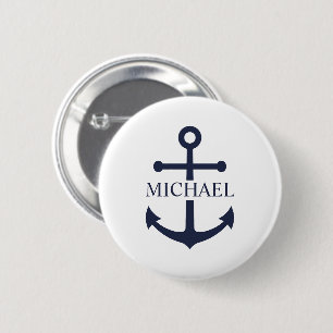 Nautical Navy Blue Anchor Gepersonaliseerde naam Ronde Button 5,7 Cm