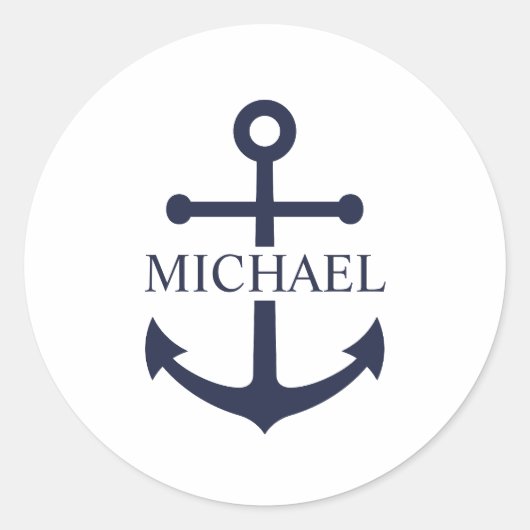 Nautical Navy Blue Anchor Gepersonaliseerde naam Ronde Sticker (Voorkant)