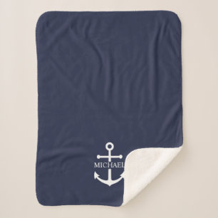 Nautical Navy Blue Anchor Gepersonaliseerde naam Sherpa Deken