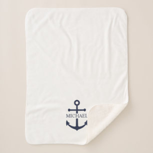 Nautical Navy Blue Anchor Gepersonaliseerde naam Sherpa Deken