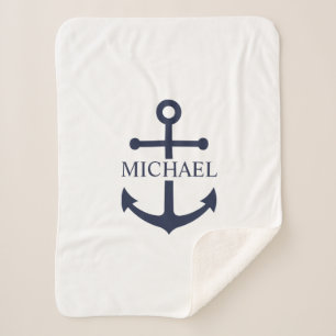 Nautical Navy Blue Anchor Gepersonaliseerde naam Sherpa Deken