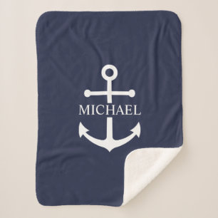 Nautical Navy Blue Anchor Gepersonaliseerde naam Sherpa Deken