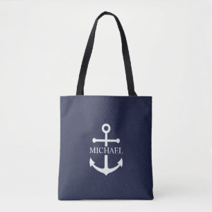 Nautical Navy Blue Anchor Gepersonaliseerde naam Tote Bag