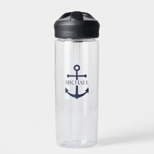 Nautical Navy Blue Anchor Gepersonaliseerde naam Waterfles
