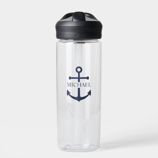 Nautical Navy Blue Anchor Gepersonaliseerde naam Waterfles (Voorkant)
