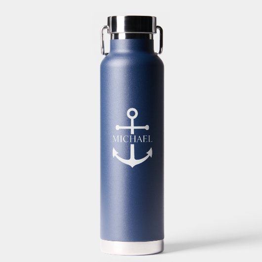 Nautical Navy Blue Anchor Gepersonaliseerde naam Waterfles (Voorkant)