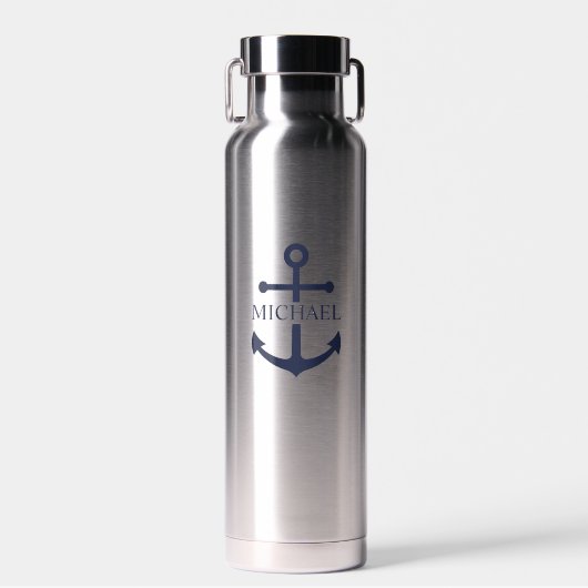 Nautical Navy Blue Anchor Gepersonaliseerde naam Waterfles (Voorkant)