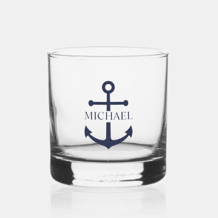 Nautical Navy Blue Anchor Gepersonaliseerde naam Whisky Glas