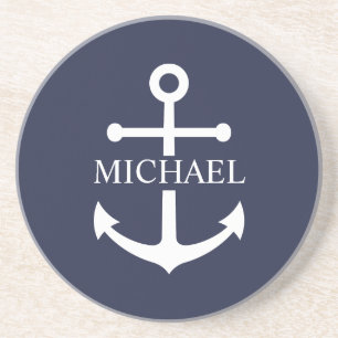 Nautical Navy Blue Anchor Gepersonaliseerde naam Zandsteen Onderzetter
