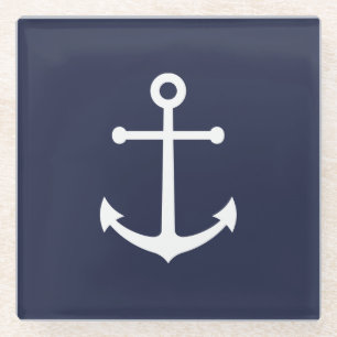 Nautical Navy Blue Anchor Glazen Onderzetter