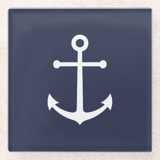 Nautical Navy Blue Anchor Glazen Onderzetter (Voorkant)