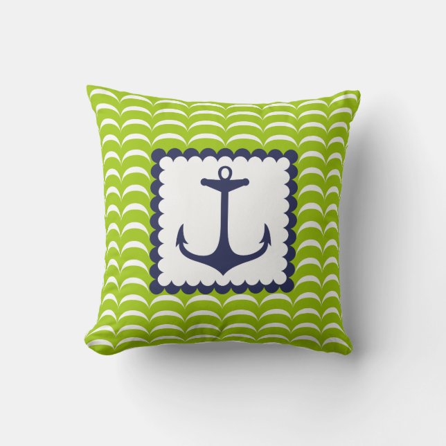 Nautical Navy Blue Anchor Green Waves Pattern Kussen (Voorkant)