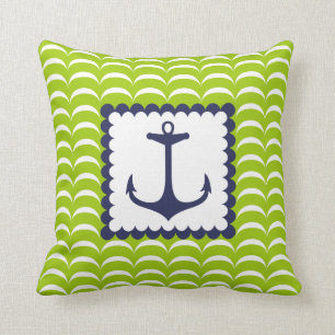 Nautical Navy Blue Anchor Green Waves Pattern Kussen