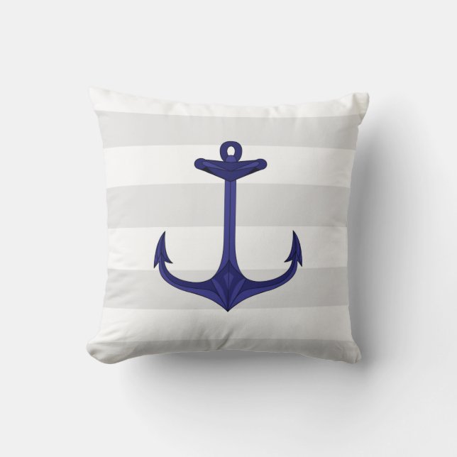 Nautical Navy Blue Anchor Grey White Stripes Kussen (Voorkant)