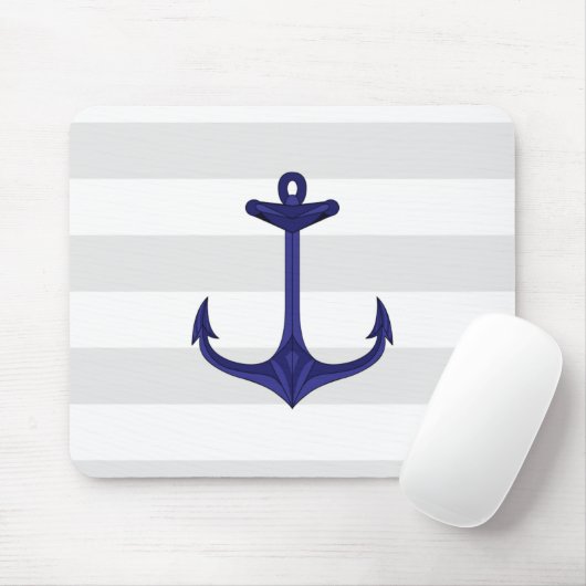 Nautical Navy Blue Anchor Grey White Stripes Muismat (Met muis)