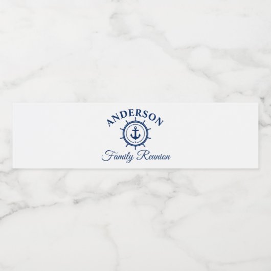 Nautical Navy Blue Anchor Helm Family Reunion Waterfles Etiket (Enkel label)