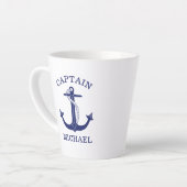 Nautical Navy Blue Anchor Kapitein Naam toevoegen Latte Mok (Linkerhoek)