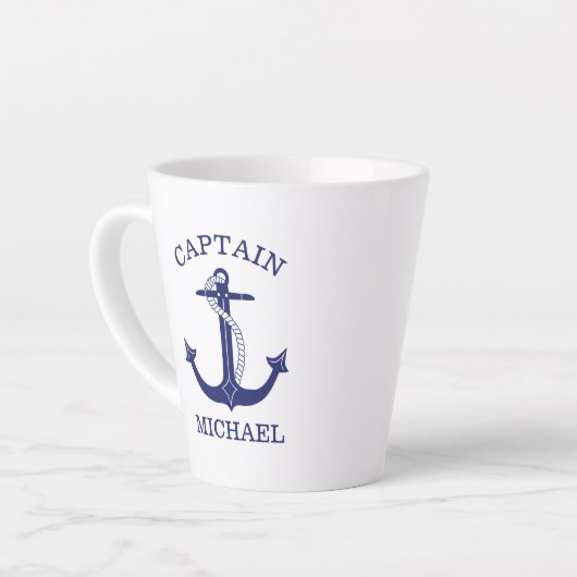 Nautical Navy Blue Anchor Kapitein Naam toevoegen Latte Mok (Linkerhoek)