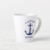 Nautical Navy Blue Anchor Kapitein Naam toevoegen Latte Mok (Rechterhoek)