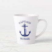 Nautical Navy Blue Anchor Kapitein Naam toevoegen Latte Mok (Rechts)