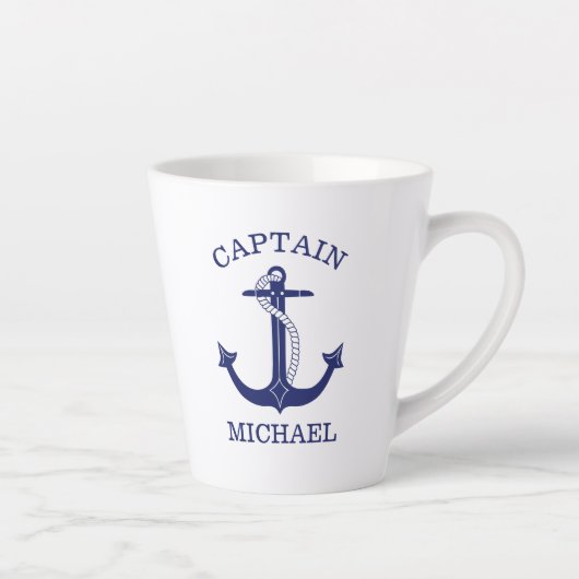 Nautical Navy Blue Anchor Kapitein Naam toevoegen Latte Mok (Rechts)