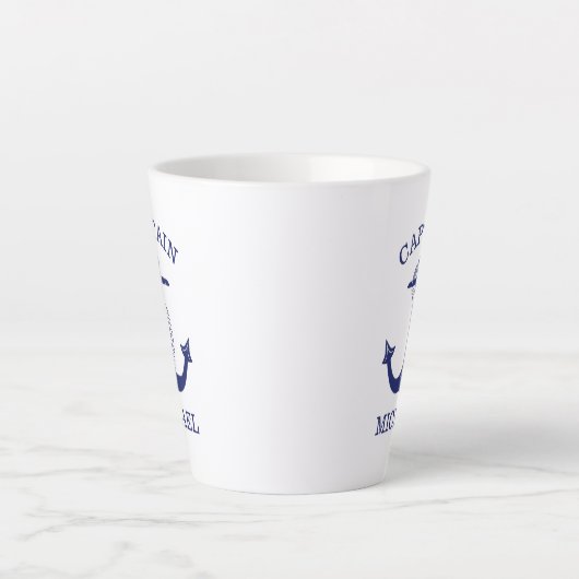 Nautical Navy Blue Anchor Kapitein Naam toevoegen Latte Mok (Voorkant)