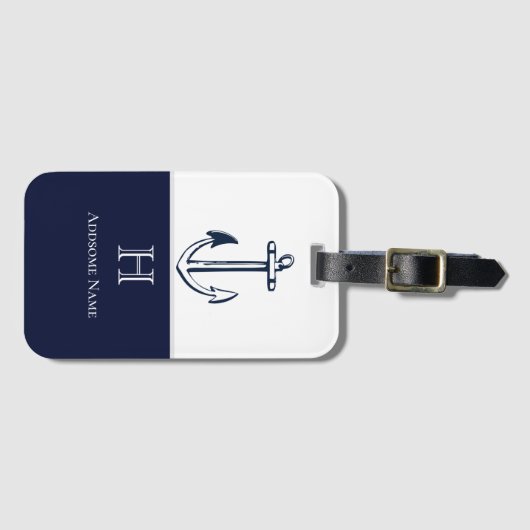Nautical Navy Blue Anchor kustmonogrammen Bagagelabel (Voorkant (horizontaal))
