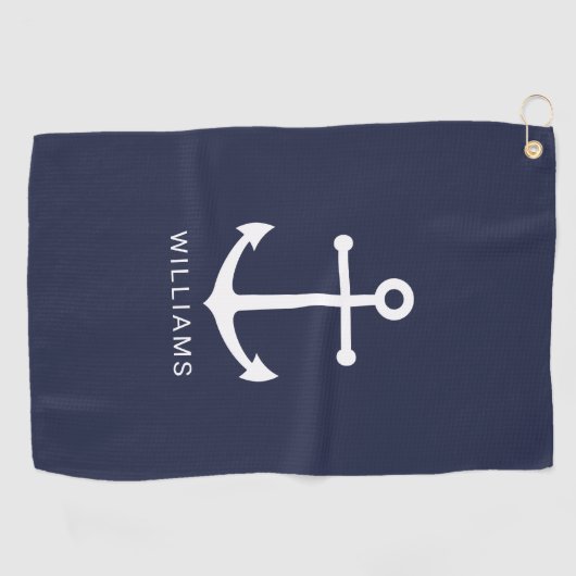 Nautical Navy Blue Anchor met aangepaste naam Golfhanddoek (Horizontaal)