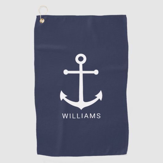 Nautical Navy Blue Anchor met aangepaste naam Golfhanddoek (Voorkant)