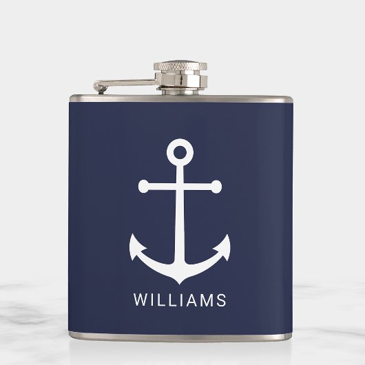 Nautical Navy Blue Anchor met aangepaste naam Heupfles