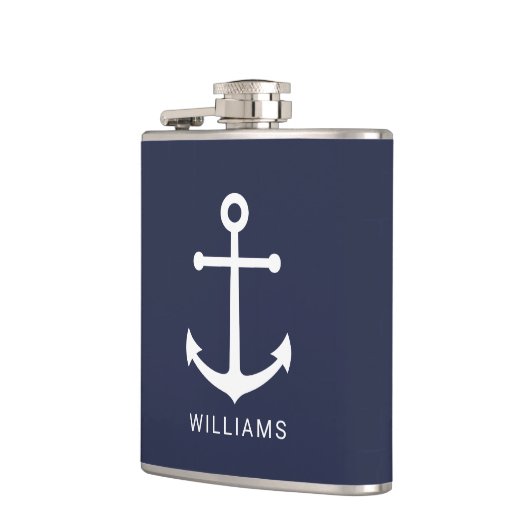 Nautical Navy Blue Anchor met aangepaste naam Heupfles (Links)